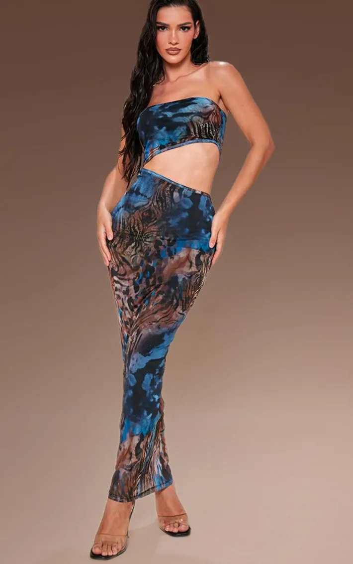 Blue Animal Print Meshed Cut Out Maxi Dress