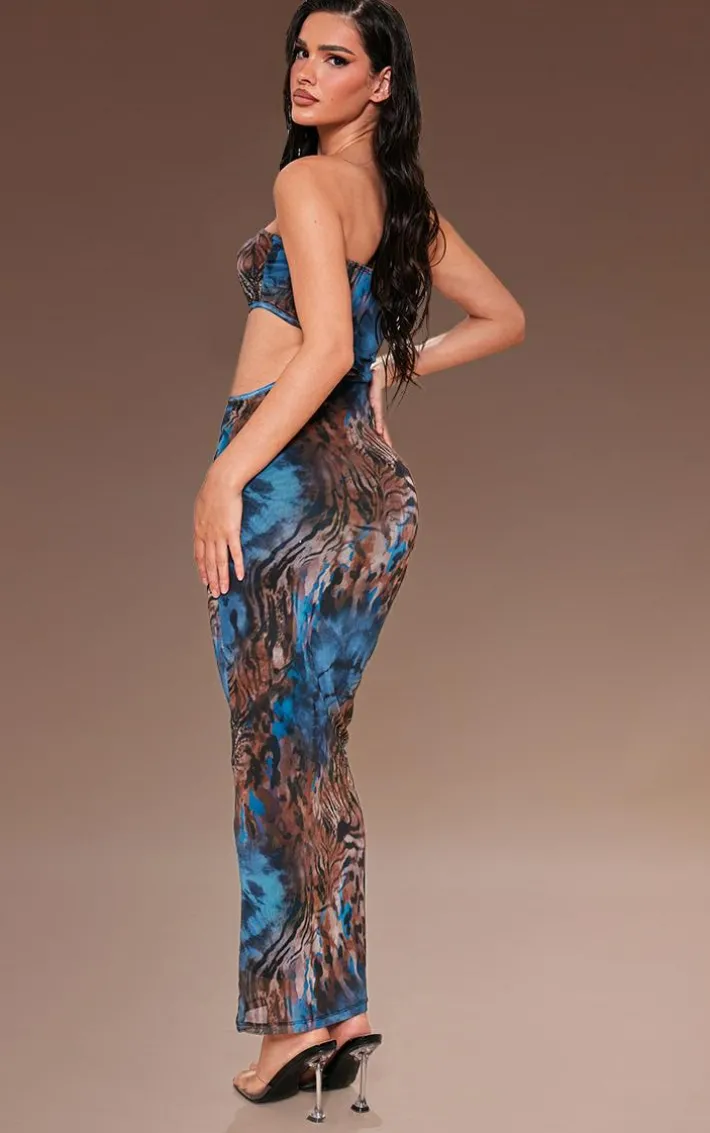 Blue Animal Print Meshed Cut Out Maxi Dress