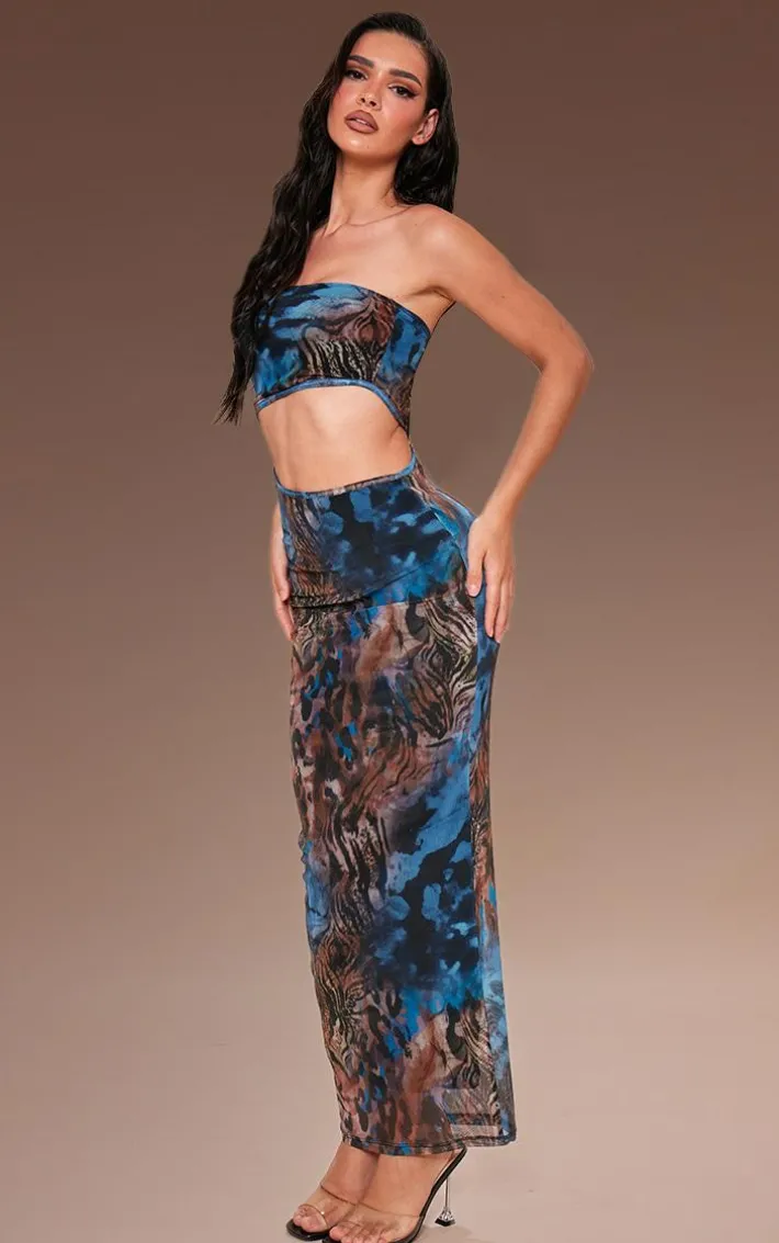 Blue Animal Print Meshed Cut Out Maxi Dress