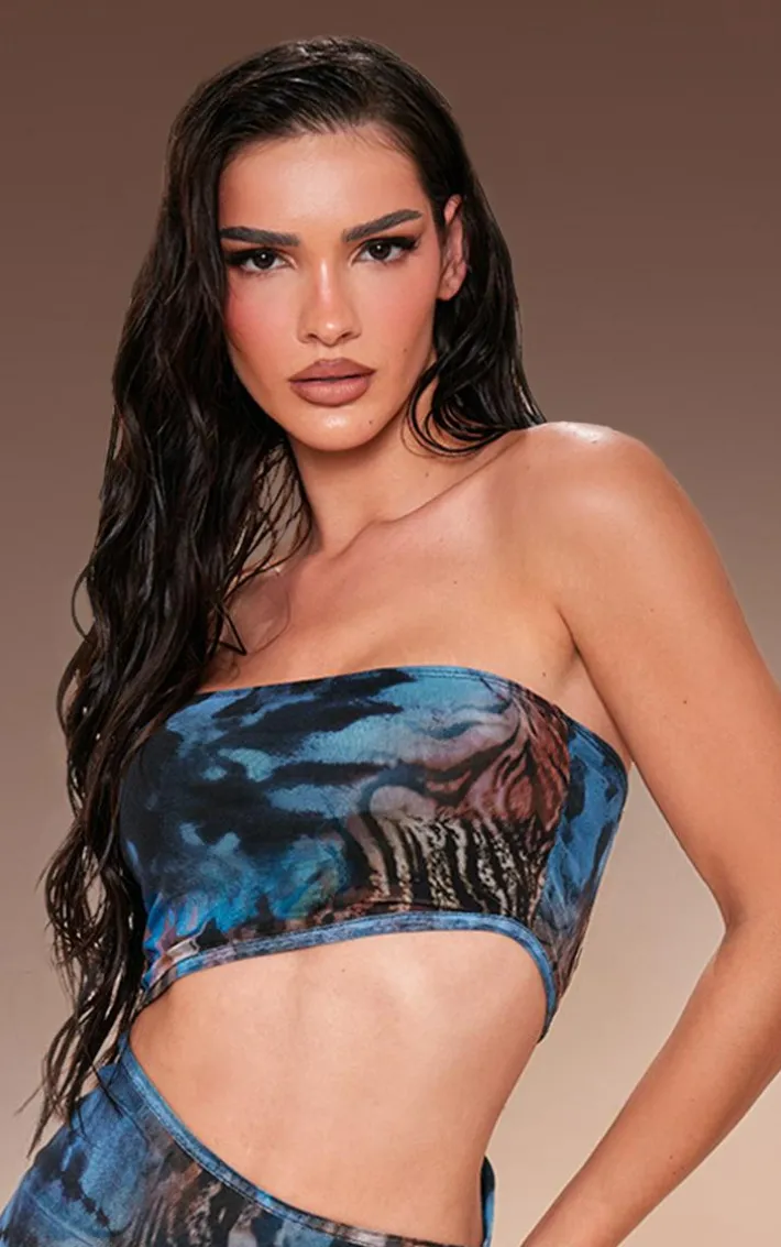 Blue Animal Print Meshed Cut Out Maxi Dress