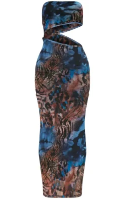 Blue Animal Print Meshed Cut Out Maxi Dress