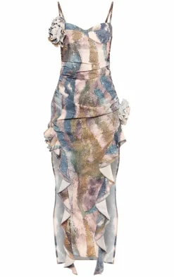 Blue Animal Print Rose Detail Satin Maxi Dress