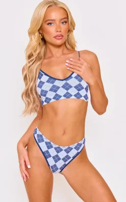 Blue Argyle Seamless Bralette And Thong Lingerie Set