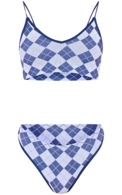 Blue Argyle Seamless Bralette And Thong Lingerie Set