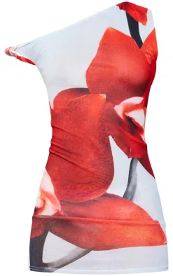 Blue Asymmetric Onion Skin Flower Print Bodycon Dress