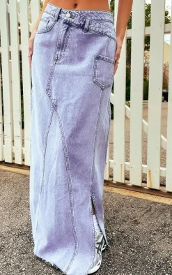 Blue Asymmetric Waistband Seam Detail Denim Maxi Skirt