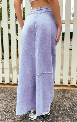 Blue Asymmetric Waistband Seam Detail Denim Maxi Skirt