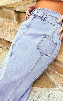 Blue Asymmetric Waistband Seam Detail Denim Maxi Skirt