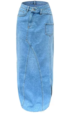 Blue Asymmetric Waistband Seam Detail Denim Maxi Skirt