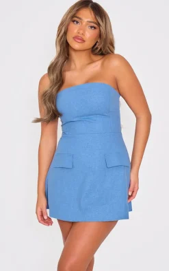 Blue Bandeau Linen Look Shift Dress
