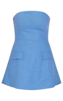 Blue Bandeau Linen Look Shift Dress