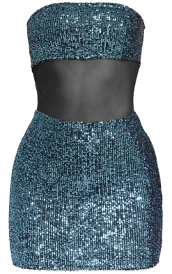Blue Bandeau Sequin Mesh Panelling Mini Dress