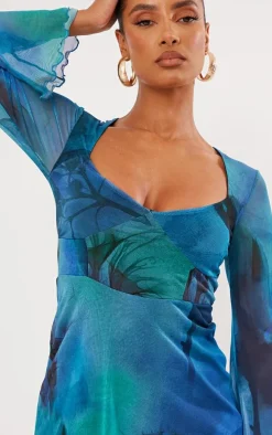 Blue Blur Floral Print Mesh Underbust Detail Shift Dress
