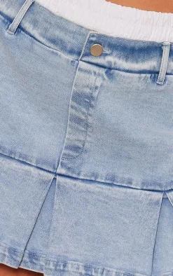 Blue Boxer Waistband Pleated Denim Mini Skirt