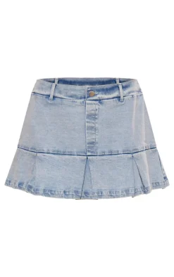 Blue Boxer Waistband Pleated Denim Mini Skirt