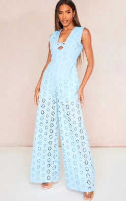 Blue Broderie Anglaise Tie Bust Sleeveless Jumpsuit
