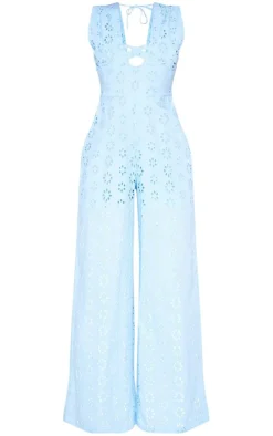 Blue Broderie Anglaise Tie Bust Sleeveless Jumpsuit