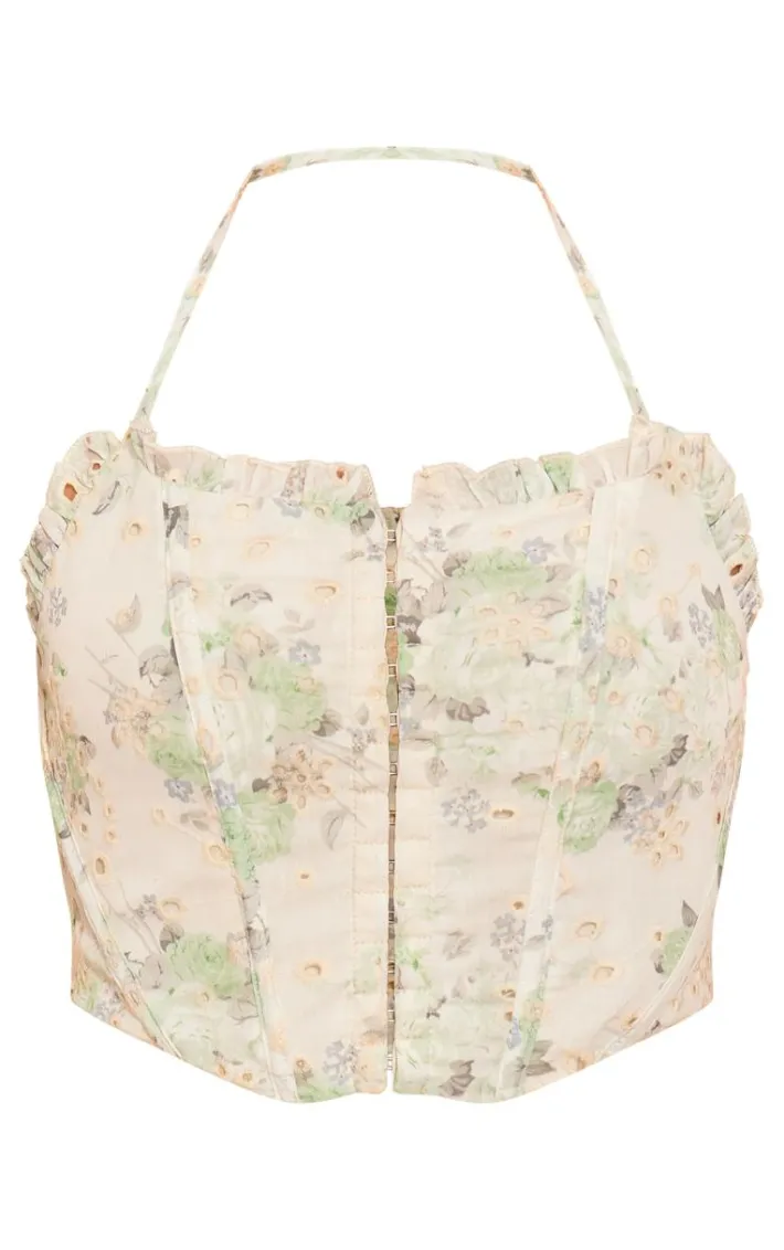 Blue Broderie Floral Boned Corset