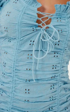 Blue Broderie Lace Up Ruched Bodycon Dress