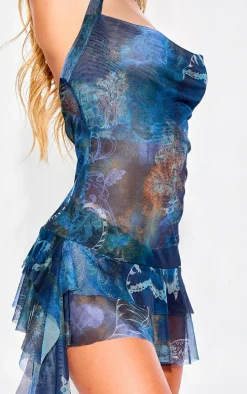 Blue Butterfly Print Mesh Cowl Frill Detail Shift Dress