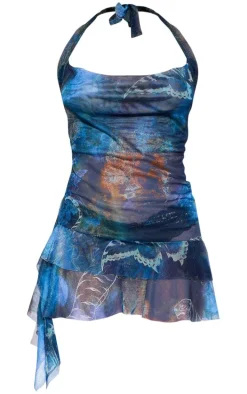 Blue Butterfly Print Mesh Cowl Frill Detail Shift Dress
