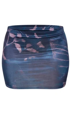 Blue Butterfly Print Slinky Low Rise Extreme Micro Mini Skirt