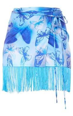 Blue Butterfly Print Tassel Hem Wrap Mini Skirt