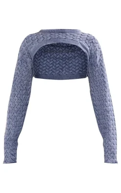 Blue Cable Knitted Denim Look Extreme Cropped Sleeves