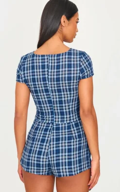 Blue Check Print Boat Neck Unitard