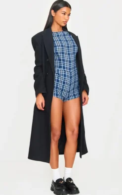 Blue Check Print Boat Neck Unitard