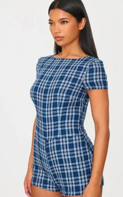 Blue Check Print Boat Neck Unitard