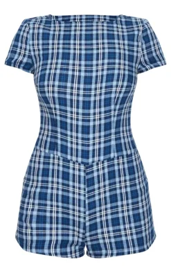 Blue Check Print Boat Neck Unitard