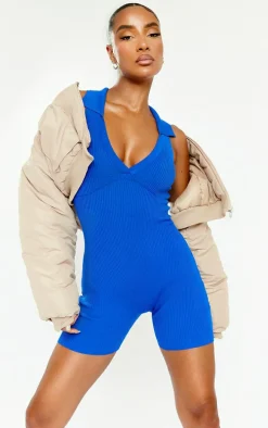 Blue Collared Rib Knit Unitard