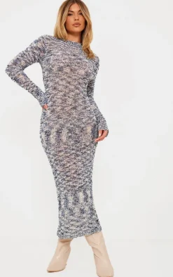 Blue Confetti Knit Long Sleeve Maxi Dress