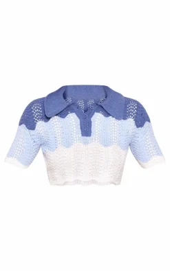 Blue Contrast Crochet Knit Cropped Top