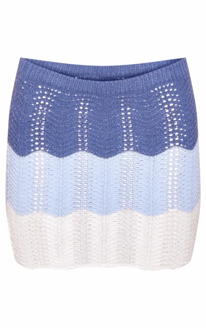 Blue Contrast Crochet Knit Mini Skirt