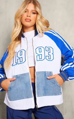 Blue Contrast Denim Pocket Oversized Bomber Jacket