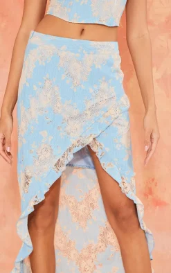 Blue Contrast Lace Asymmetric Hem Split Front Midaxi Skirt