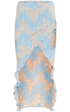 Blue Contrast Lace Asymmetric Hem Split Front Midaxi Skirt