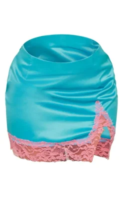 Blue Contrast Lace Trim Satin Mini Skirt