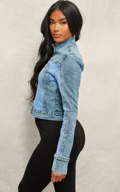 Blue Contrast Panel Racer Denim Jacket