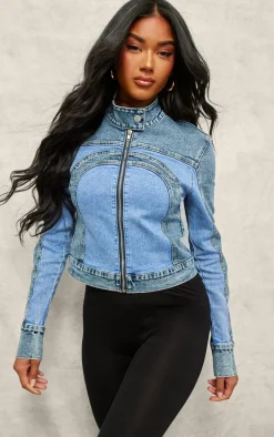 Blue Contrast Panel Racer Denim Jacket