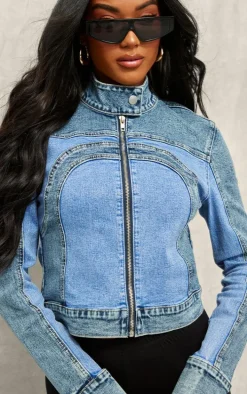 Blue Contrast Panel Racer Denim Jacket