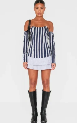 Blue Contrast Pinstripe Bardot Shift Dress