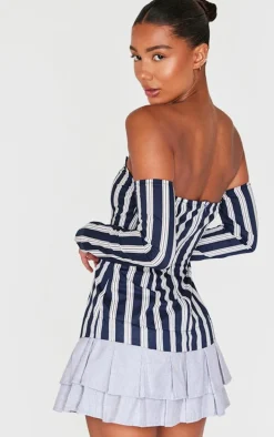 Blue Contrast Pinstripe Bardot Shift Dress