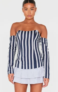 Blue Contrast Pinstripe Bardot Shift Dress