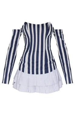Blue Contrast Pinstripe Bardot Shift Dress