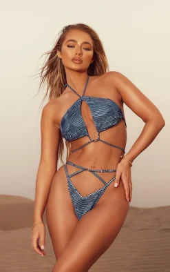 Blue Contrast Textured Rib O Ring Strappy Bikini Bottoms
