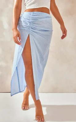 Blue Cotton Pinstripe Ruched Thigh Midi Skirt