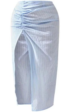 Blue Cotton Pinstripe Ruched Thigh Midi Skirt